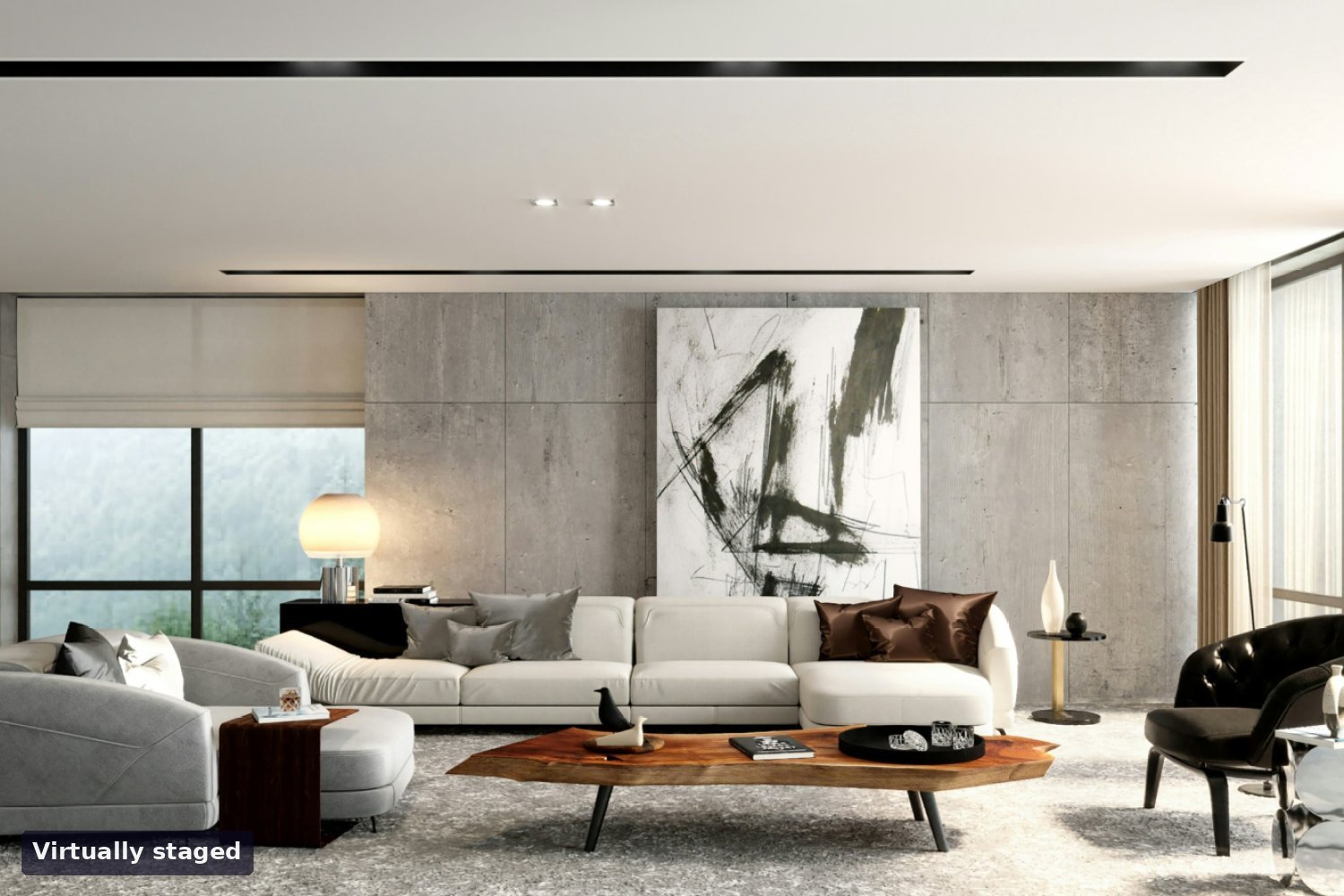 Same living room virtually staged with a white sectional, art and a lounge chair